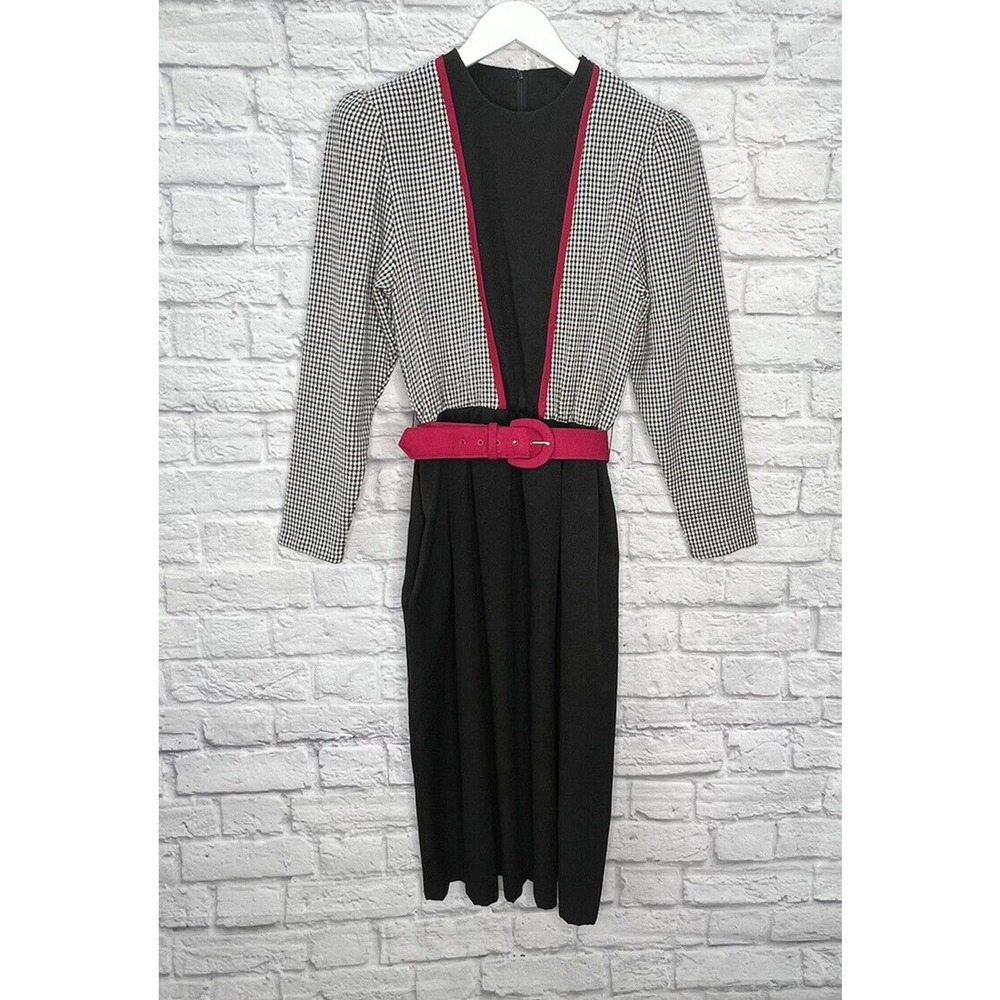Vintage EJM Women's M Black Plaid A-Line Dress Pink Belt Long Sleeve 80s